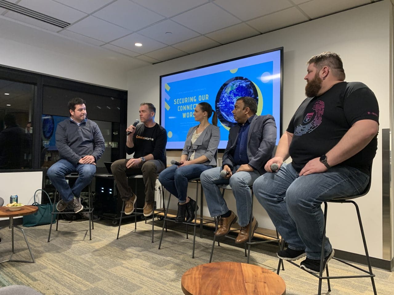 Jim Brismitzis (L), managing partner of the 5G Open Innovation Lab, interviews IoT security experts from T-Mobile, Intel and others. 